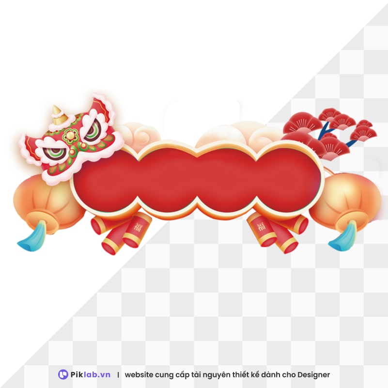 Design resource New Year decoration with lion and lantern happy new year tet holiday isolated on transparent trang trí tết đèn lồng PNG tết